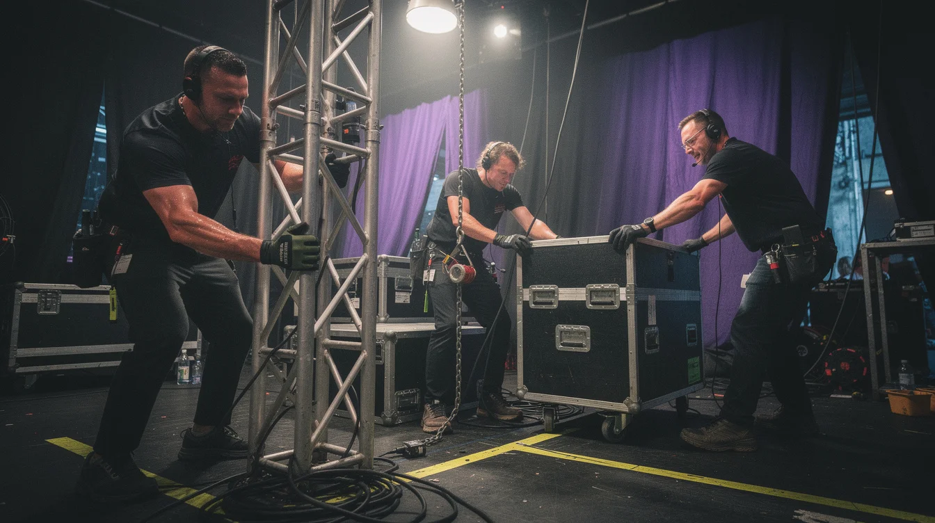 Dark atmospheric image representing the intensity of backstage work during a live event